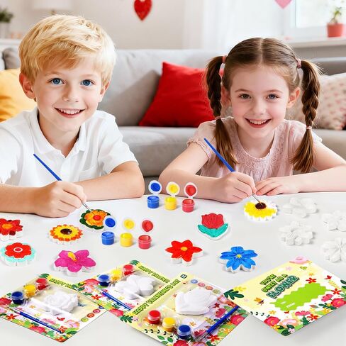 Valentine's Day Cards for Kids school, 24 PACK Valentine's Day Cards for Kids with Flowers Plaster Painting Kit, Valentines Day Gifts for Kids for School Classroom Exchange, Valentines Party Favors in Saudi Arabia