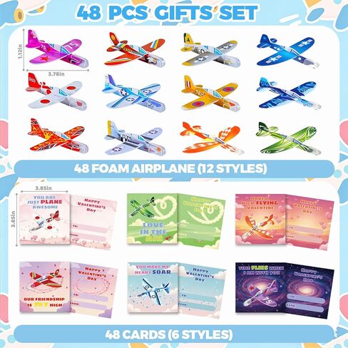 48 pcs Valentines Day Cards for Kids School with Foam Airplane Gliders Toys Boys Girls School Classroom Exchange Gifts Party Favors Bulk Treats Prizes Goodie Bag Stuffers in Saudi Arabia