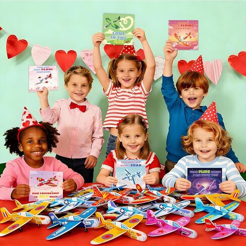 48 pcs Valentines Day Cards for Kids School with Foam Airplane Gliders Toys Boys Girls School Classroom Exchange Gifts Party Favors Bulk Treats Prizes Goodie Bag Stuffers in Saudi Arabia