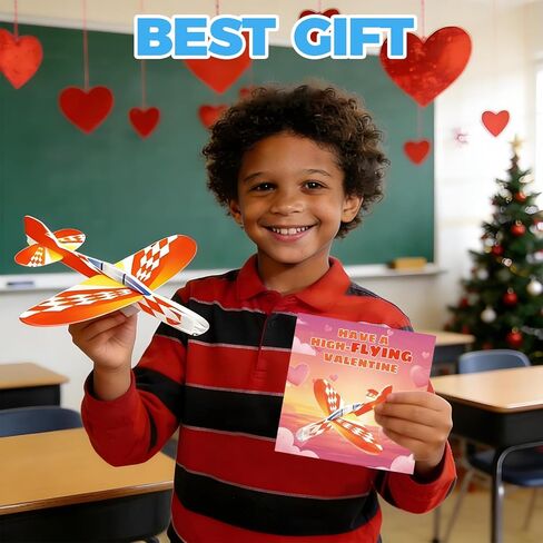 48 pcs Valentines Day Cards for Kids School with Foam Airplane Gliders Toys Boys Girls School Classroom Exchange Gifts Party Favors Bulk Treats Prizes Goodie Bag Stuffers in Saudi Arabia