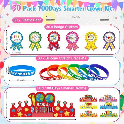 90 قطعة من CUUSNNY 100 يوم من هدايا الحفلات المدرسية، يوم 100 سعيد للمدرسة، قبعات تيجان ورقية، ملصقات أساور من السيليكون لاحتفالات الفصل الدراسي، مستلزمات الحفلات in Kuwait