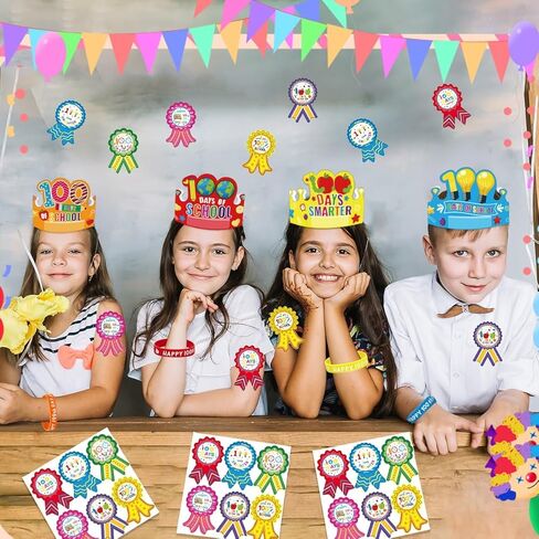90 قطعة من CUUSNNY 100 يوم من هدايا الحفلات المدرسية، يوم 100 سعيد للمدرسة، قبعات تيجان ورقية، ملصقات أساور من السيليكون لاحتفالات الفصل الدراسي، مستلزمات الحفلات in Kuwait