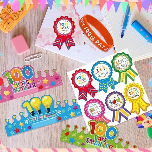 90 قطعة من CUUSNNY 100 يوم من هدايا الحفلات المدرسية، يوم 100 سعيد للمدرسة، قبعات تيجان ورقية، ملصقات أساور من السيليكون لاحتفالات الفصل الدراسي، مستلزمات الحفلات in Kuwait
