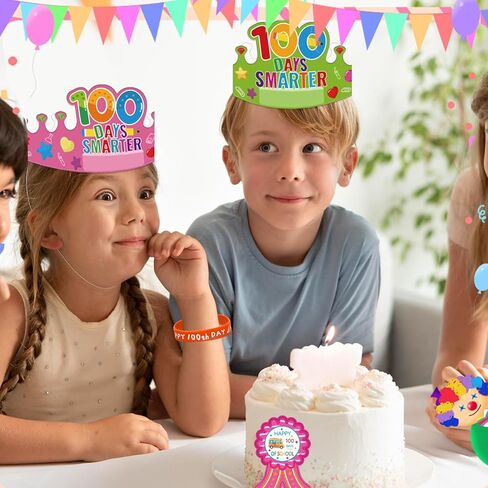 90 قطعة من CUUSNNY 100 يوم من هدايا الحفلات المدرسية، يوم 100 سعيد للمدرسة، قبعات تيجان ورقية، ملصقات أساور من السيليكون لاحتفالات الفصل الدراسي، مستلزمات الحفلات in Kuwait