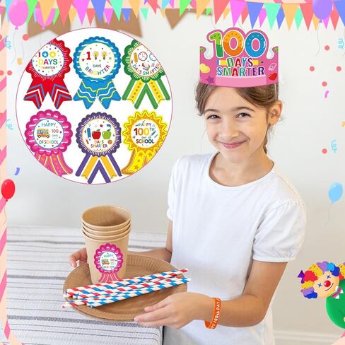 90 قطعة من CUUSNNY 100 يوم من هدايا الحفلات المدرسية، يوم 100 سعيد للمدرسة، قبعات تيجان ورقية، ملصقات أساور من السيليكون لاحتفالات الفصل الدراسي، مستلزمات الحفلات in Kuwait