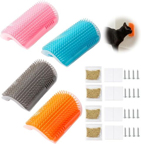 4 Pack Cat Face Scratcher, cat Corner Brush, 16 Adhesive Strips and 16 Screws for Easy Installation, Soft Silicone Material for Comfortable Grooming, Ideal for Furniture and Wall Corners in Kuwait