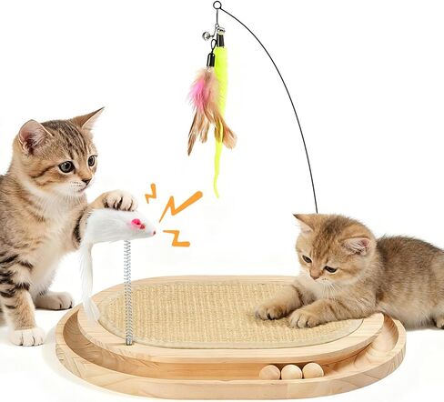 Cat Scratcher, Natural Sisal Scratching Pad, Kitten Interactive Toy with Ball Track & 3 Spring Plush Toys for Chasing Hunting Exercise, Round Wooden Cat Scratchers for Indoor in Kuwait
