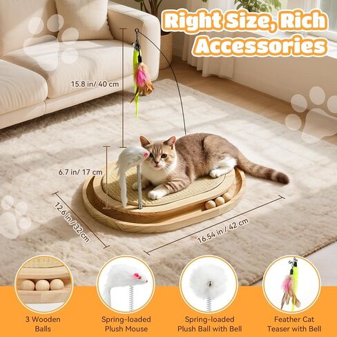 Cat Scratcher, Natural Sisal Scratching Pad, Kitten Interactive Toy with Ball Track & 3 Spring Plush Toys for Chasing Hunting Exercise, Round Wooden Cat Scratchers for Indoor in Kuwait