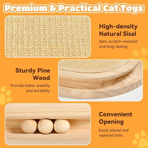 Cat Scratcher, Natural Sisal Scratching Pad, Kitten Interactive Toy with Ball Track & 3 Spring Plush Toys for Chasing Hunting Exercise, Round Wooden Cat Scratchers for Indoor in Kuwait