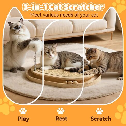 Cat Scratcher, Natural Sisal Scratching Pad, Kitten Interactive Toy with Ball Track & 3 Spring Plush Toys for Chasing Hunting Exercise, Round Wooden Cat Scratchers for Indoor in Kuwait
