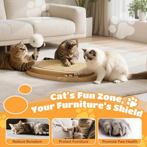 Cat Scratcher, Natural Sisal Scratching Pad, Kitten Interactive Toy with Ball Track & 3 Spring Plush Toys for Chasing Hunting Exercise, Round Wooden Cat Scratchers for Indoor in Kuwait