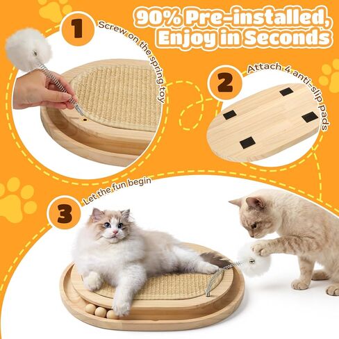 Cat Scratcher, Natural Sisal Scratching Pad, Kitten Interactive Toy with Ball Track & 3 Spring Plush Toys for Chasing Hunting Exercise, Round Wooden Cat Scratchers for Indoor in Kuwait
