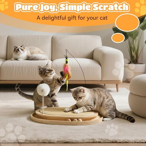 Cat Scratcher, Natural Sisal Scratching Pad, Kitten Interactive Toy with Ball Track & 3 Spring Plush Toys for Chasing Hunting Exercise, Round Wooden Cat Scratchers for Indoor in Kuwait