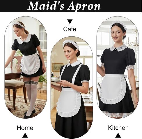 Cosplay Waist Apron with French Headdress, White Retro Frilly Adorable Maid Waitress Aprons Kitchen Costume Half Apron for Women in Saudi Arabia