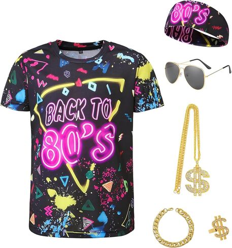 80s 90s Outfits for Boys 6 Pcs Hip Hop Rapper Accessories Kids Colorful T Shirt Costume for Cosplay Theme Party in Saudi Arabia
