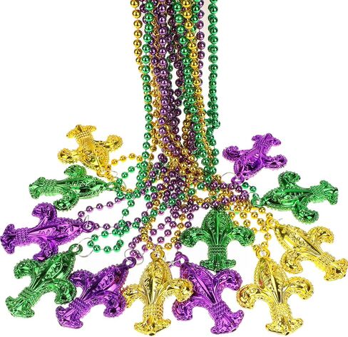 12 Pieces Mardi Gras Beads Necklaces in Gold Green Purple with Fleur De Lis Gras Flower Pendant for New Orleans Mardi Gras Party Favors Accessory Costume Carnival Party Decoration in Saudi Arabia