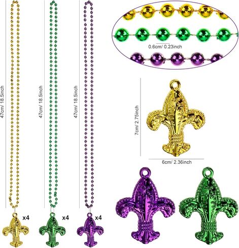 12 Pieces Mardi Gras Beads Necklaces in Gold Green Purple with Fleur De Lis Gras Flower Pendant for New Orleans Mardi Gras Party Favors Accessory Costume Carnival Party Decoration in Saudi Arabia