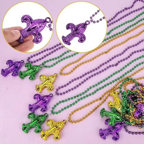 12 Pieces Mardi Gras Beads Necklaces in Gold Green Purple with Fleur De Lis Gras Flower Pendant for New Orleans Mardi Gras Party Favors Accessory Costume Carnival Party Decoration in Saudi Arabia
