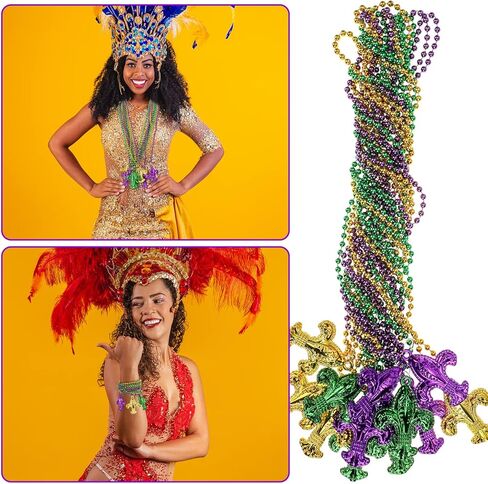12 Pieces Mardi Gras Beads Necklaces in Gold Green Purple with Fleur De Lis Gras Flower Pendant for New Orleans Mardi Gras Party Favors Accessory Costume Carnival Party Decoration in Saudi Arabia
