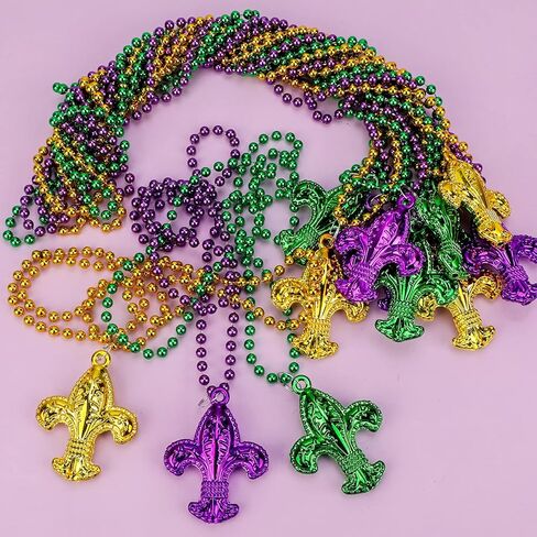 12 Pieces Mardi Gras Beads Necklaces in Gold Green Purple with Fleur De Lis Gras Flower Pendant for New Orleans Mardi Gras Party Favors Accessory Costume Carnival Party Decoration in Saudi Arabia