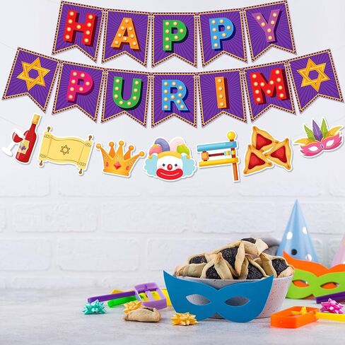 Happy Purim Banner - NO DIY Purim Party Decorations For Jewish Carnival Party Supplies Carnival Mask Clown Party Favors Glitter in Saudi Arabia