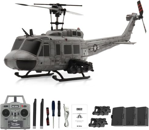 RC ERA C032 RC مروحية، 1/48 مقياس 2.4G 6CH UH-1 Huey Flybarless RC Helicopter، تثبيت جيروسكوب 6 محاور، مع تثبيت الارتفاع وطيران مقلوب ثلاثي الأبعاد للبالغين المتحمسين (بطاريتان) in Kuwait