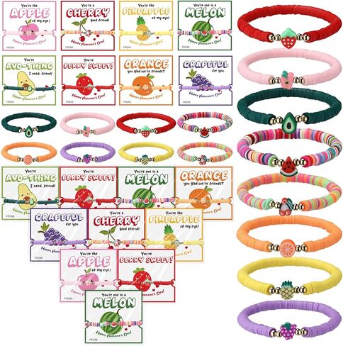 Ecally 24 Sets Valentines Day Gifts Bulk Fruit Clay Bracelets with Cards Bags Valentine Fruit Themed Gift Exchange for Women Valentine's Party Favors Classroom Reward Prize Friendship Cards in Saudi Arabia