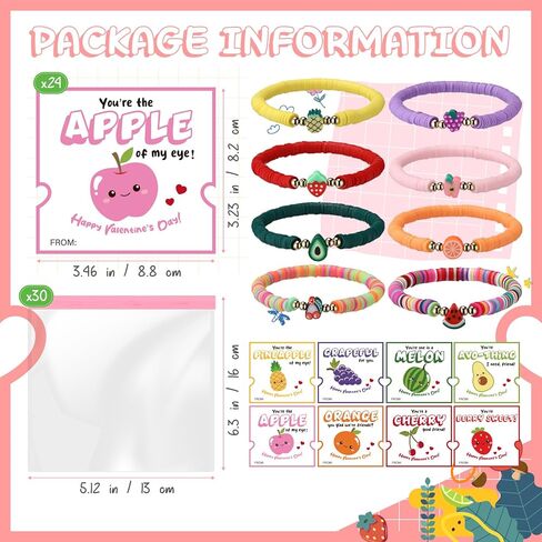Ecally 24 Sets Valentines Day Gifts Bulk Fruit Clay Bracelets with Cards Bags Valentine Fruit Themed Gift Exchange for Women Valentine's Party Favors Classroom Reward Prize Friendship Cards in Saudi Arabia