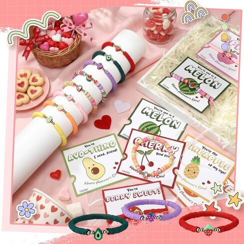 Ecally 24 Sets Valentines Day Gifts Bulk Fruit Clay Bracelets with Cards Bags Valentine Fruit Themed Gift Exchange for Women Valentine's Party Favors Classroom Reward Prize Friendship Cards in Saudi Arabia