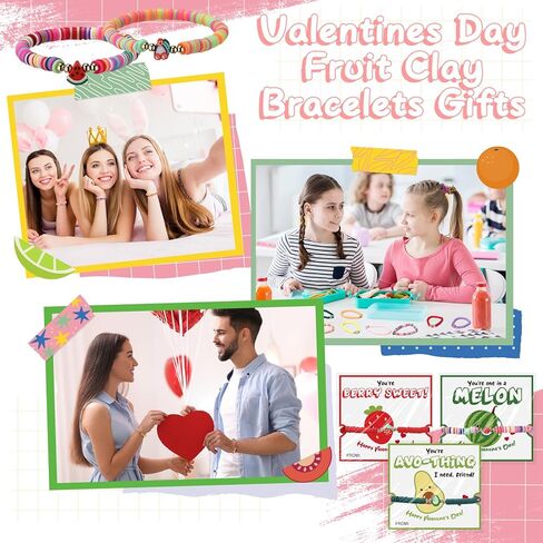 Ecally 24 Sets Valentines Day Gifts Bulk Fruit Clay Bracelets with Cards Bags Valentine Fruit Themed Gift Exchange for Women Valentine's Party Favors Classroom Reward Prize Friendship Cards in Saudi Arabia
