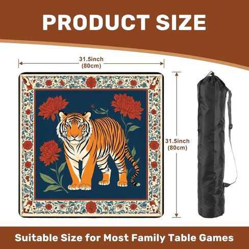 حصيرة ماهجونج مع حقيبة حمل مقاس 31.5 بوصة × 31.5 بوصة، مضادة للانزلاق لتقليل الضوضاء، زهور حمراء نمر مهيبة، حدود مزخرفة باللون الأزرق العميق لألعاب ماهجونج بوكر الدومينو وألعاب البلاط in Kuwait