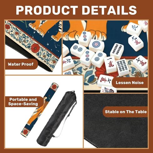 حصيرة ماهجونج مع حقيبة حمل مقاس 31.5 بوصة × 31.5 بوصة، مضادة للانزلاق لتقليل الضوضاء، زهور حمراء نمر مهيبة، حدود مزخرفة باللون الأزرق العميق لألعاب ماهجونج بوكر الدومينو وألعاب البلاط in Kuwait