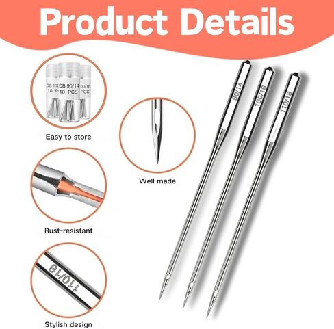 ZJO 50 Pcs Universal Sewing Machine Needles, Sizes 90/14, 100/16, 110/18 Heavy Duty and Regular for Most Home Sewing Machines in Kuwait