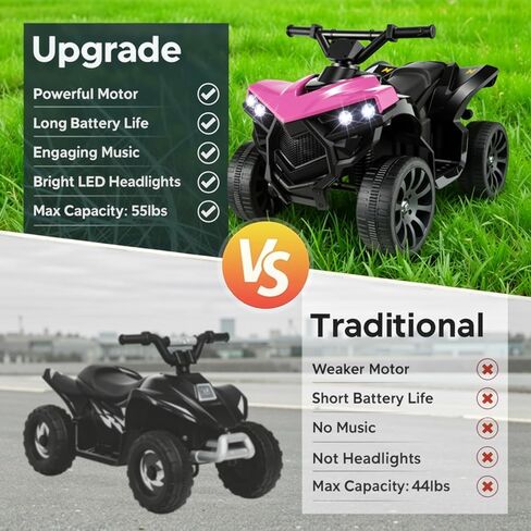 سيارة ركوب TLSUNNY 6V للأطفال ATV ذات 4 عجلات، سيارة كهربائية تعمل بالبطارية مع موسيقى ومصابيح أمامية، مثالية للأولاد والبنات (وردي) in Kuwait