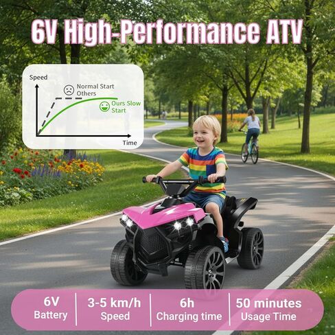 سيارة ركوب TLSUNNY 6V للأطفال ATV ذات 4 عجلات، سيارة كهربائية تعمل بالبطارية مع موسيقى ومصابيح أمامية، مثالية للأولاد والبنات (وردي) in Kuwait