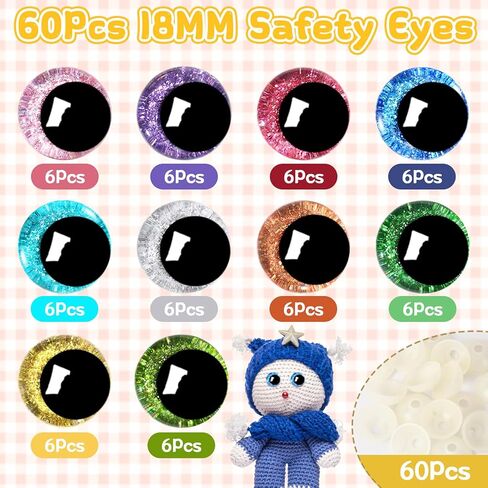 UPINS 120Pieces 18 mm 3D Glitter Plastic Safety Eyes with Washers for Amigurumi Animal Moon Eyes Plastic Craft Doll Crochet Eyes for DIY of Puppet Bear Making Supplies (10 Colors) in Saudi Arabia