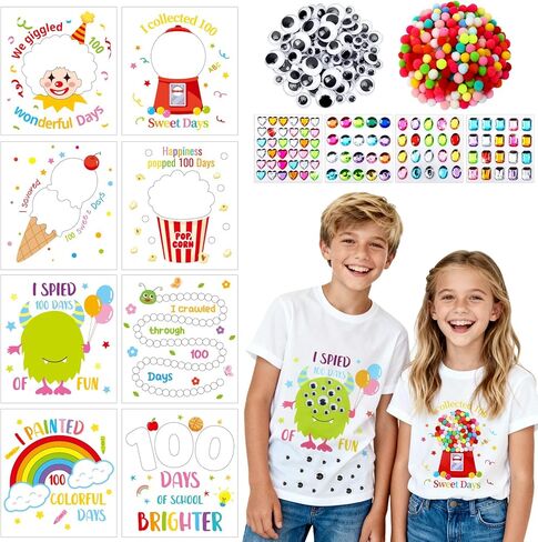 DECYOOL 8 Set 100 Days of School DIY Shirt Crafts 8Pcs Iron on Transfer Stickers 600Pcs Pompoms 100Pcs Wiggle Eyes 4 Sheet Gem Stickers for 100th Day of School Classroom Party Activities in Saudi Arabia