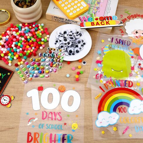 DECYOOL 8 Set 100 Days of School DIY Shirt Crafts 8Pcs Iron on Transfer Stickers 600Pcs Pompoms 100Pcs Wiggle Eyes 4 Sheet Gem Stickers for 100th Day of School Classroom Party Activities in Saudi Arabia