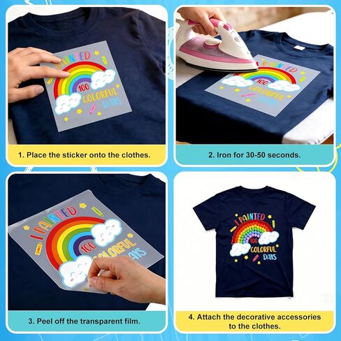 DECYOOL 8 Set 100 Days of School DIY Shirt Crafts 8Pcs Iron on Transfer Stickers 600Pcs Pompoms 100Pcs Wiggle Eyes 4 Sheet Gem Stickers for 100th Day of School Classroom Party Activities in Saudi Arabia