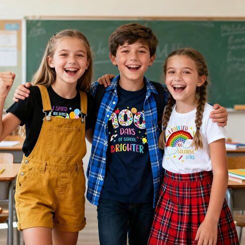 DECYOOL 8 Set 100 Days of School DIY Shirt Crafts 8Pcs Iron on Transfer Stickers 600Pcs Pompoms 100Pcs Wiggle Eyes 4 Sheet Gem Stickers for 100th Day of School Classroom Party Activities in Saudi Arabia