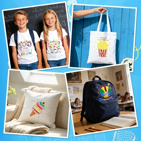 DECYOOL 8 Set 100 Days of School DIY Shirt Crafts 8Pcs Iron on Transfer Stickers 600Pcs Pompoms 100Pcs Wiggle Eyes 4 Sheet Gem Stickers for 100th Day of School Classroom Party Activities in Saudi Arabia