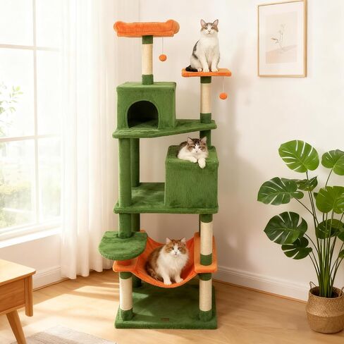 DORTALA 75 بوصة شجرة قطط حديثة طويلة، برج قطط متعدد المستويات مع شقق كبيرة، أعمدة خدش سيزال، مجثم علوي، أرجوحة، كرات متدلية، أسرة قطط وأثاث تسلق للقطط الداخلية (أخضر وبرتقالي) in Kuwait