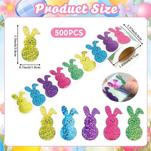 Easter Bunny Stickers, Colorful Glitter Bunny Sticker Roll, 1.5'' Sparkly Self-Adhesive Rabbit Stickers Gift Seals Decal for Scrapbooks Card Water Bottle Craft Holiday Easter Party Favors Decor 500Pcs in Saudi Arabia