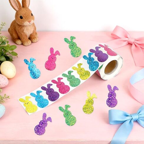 Easter Bunny Stickers, Colorful Glitter Bunny Sticker Roll, 1.5'' Sparkly Self-Adhesive Rabbit Stickers Gift Seals Decal for Scrapbooks Card Water Bottle Craft Holiday Easter Party Favors Decor 500Pcs in Saudi Arabia