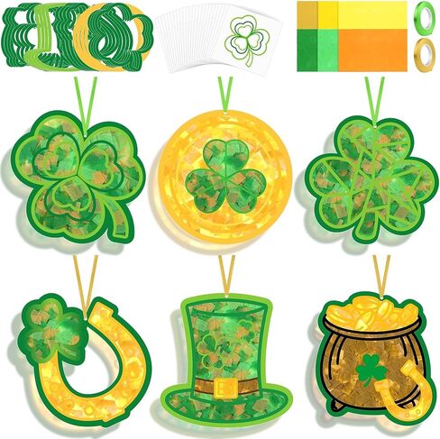 Aneco 24 Sets St. Patrick's Day Suncatchers Paper Craft Kit Shamrock Tissue Sign Craft Four Leaf Clover Hanging Decorations Window Art Ornaments Decor for Party Holiday Home Activities in Saudi Arabia