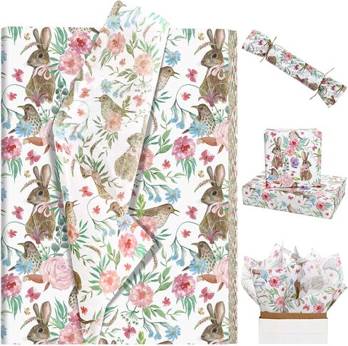 60 Sheets Easter Bunny Tissue Paper for Gift Wrapping Watercolor Rabbit Bird & Floral Print Tissue Paper for Gift Bags for Happy Easter Day Spring Holidays Craft Supplies, 20 × 14 Inches in Saudi Arabia