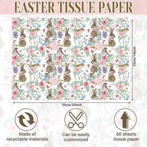 60 Sheets Easter Bunny Tissue Paper for Gift Wrapping Watercolor Rabbit Bird & Floral Print Tissue Paper for Gift Bags for Happy Easter Day Spring Holidays Craft Supplies, 20 × 14 Inches in Saudi Arabia