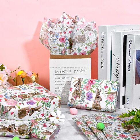 60 Sheets Easter Bunny Tissue Paper for Gift Wrapping Watercolor Rabbit Bird & Floral Print Tissue Paper for Gift Bags for Happy Easter Day Spring Holidays Craft Supplies, 20 × 14 Inches in Saudi Arabia
