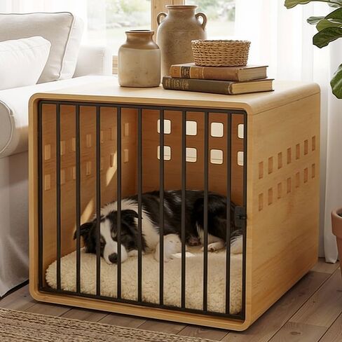Solid Wooden Furniture Dog Crate for Medium & Small Dogs, Wooden Puppy Crate Table, Small Decorative Dog Kennel Indoor, Pet House End Table for Living Room, Bedroom Natural in Kuwait