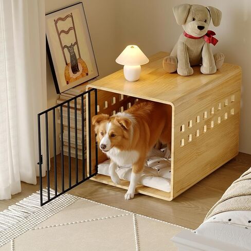 Solid Wooden Furniture Dog Crate for Medium & Small Dogs, Wooden Puppy Crate Table, Small Decorative Dog Kennel Indoor, Pet House End Table for Living Room, Bedroom Natural in Kuwait